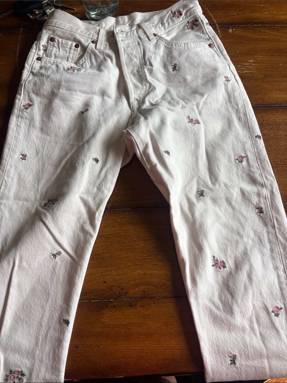 Levi’s 501 White Embroidered Rose Straight Leg Jeans